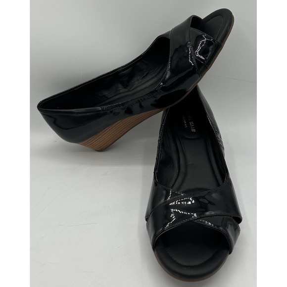 Cole Haan Grand OS‎ Patent Leather Wedge Open Toe Black Women's Size 8.5 - Picture 1 of 5